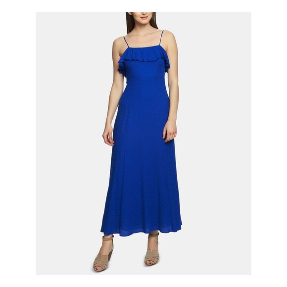1. STATE Dresses & Skirts - 1. STATE Womens Blue Ruffled Spaghetti Strap Square Neck Maxi Sheath Dress 0